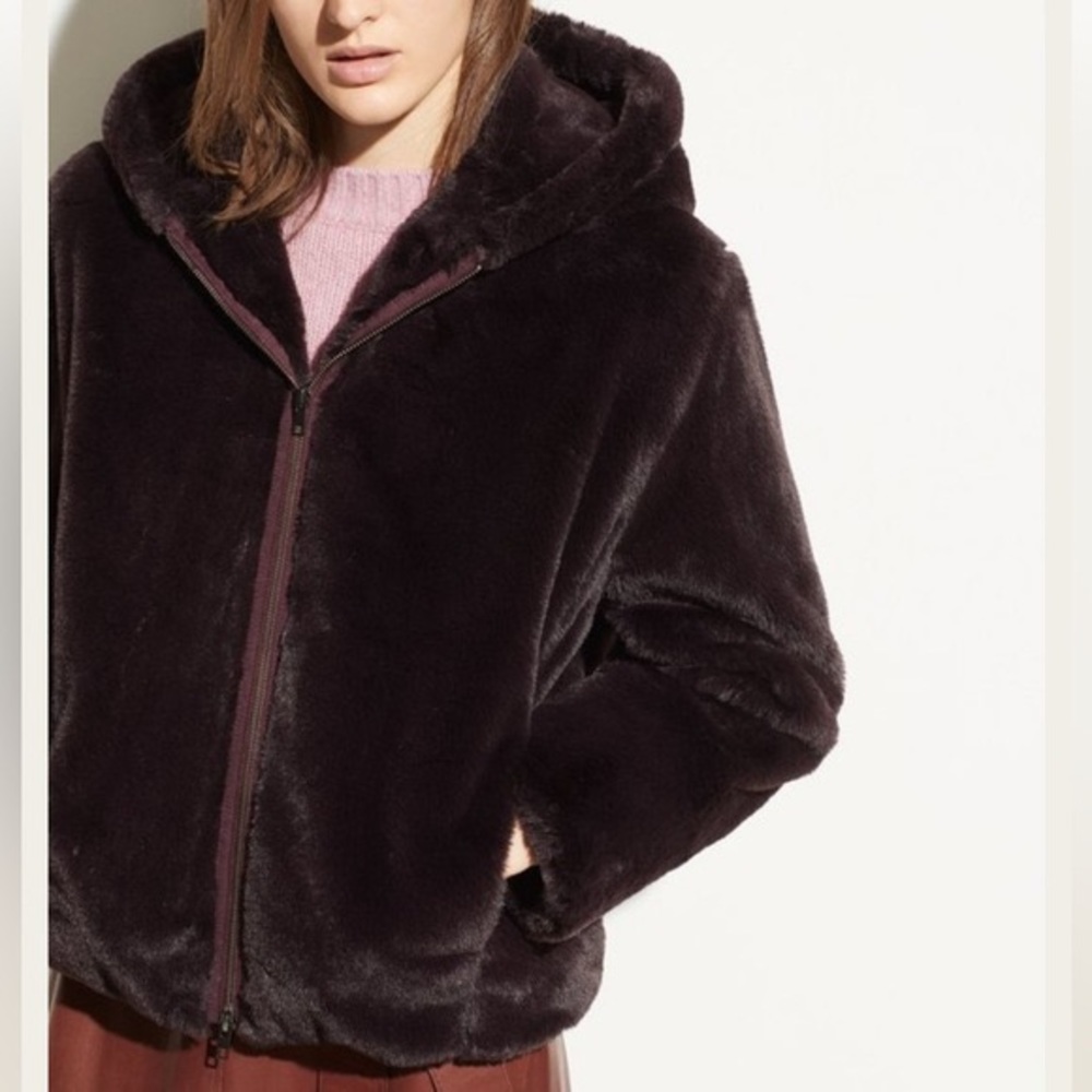 Vince Plush Faux Fur hoodie in dahlia wine